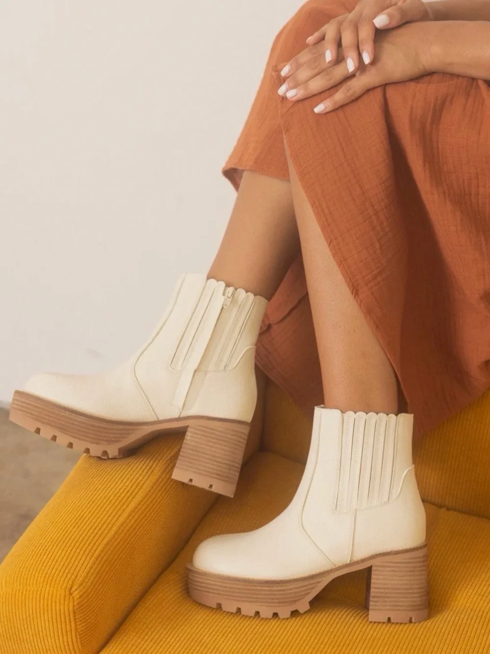 Women's Cream Chelsea-Style Ankle Boot with Block Heel